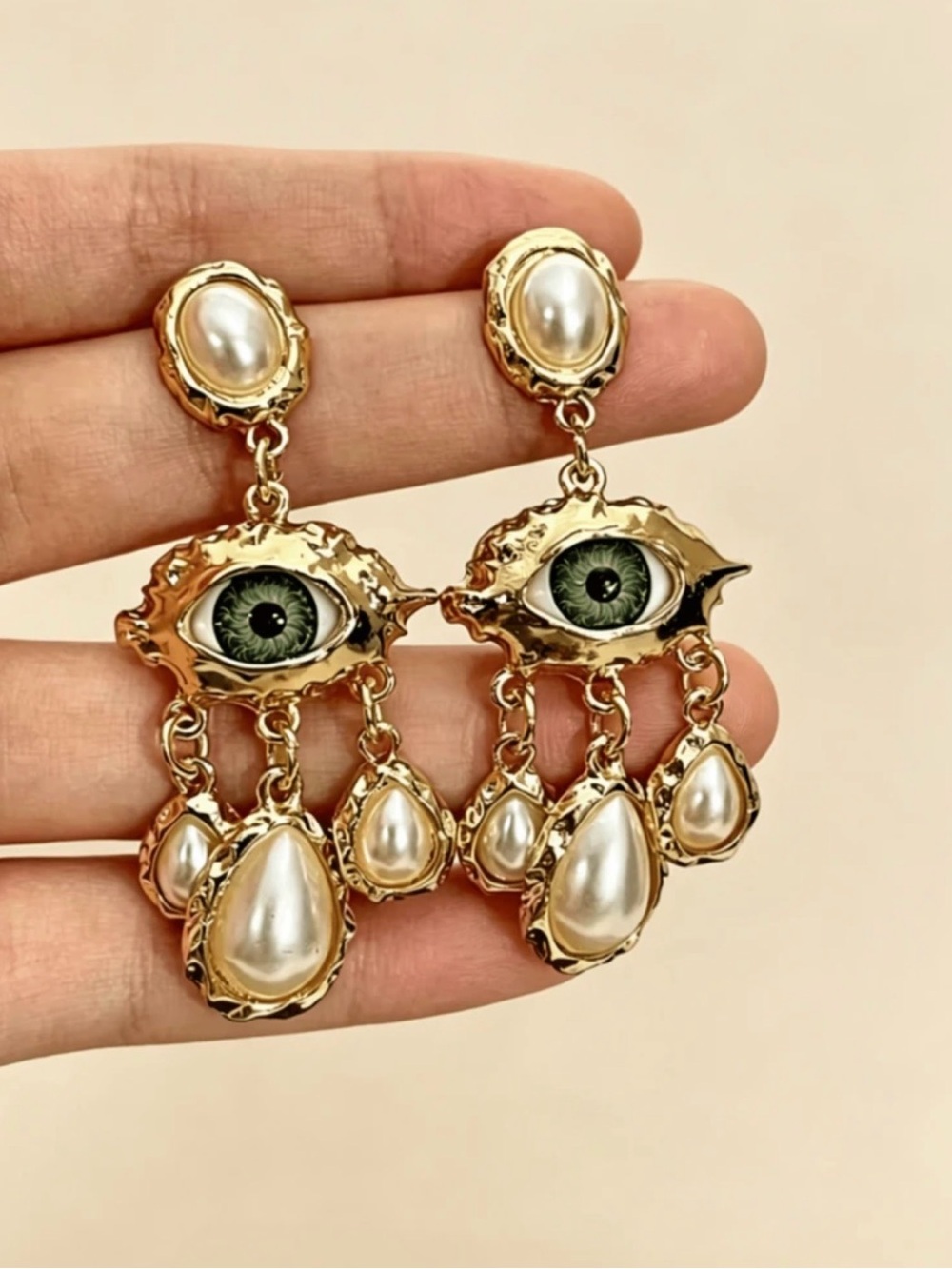 Gold Pearl Eye Drop Earrings - Green Eye Statement Earrings